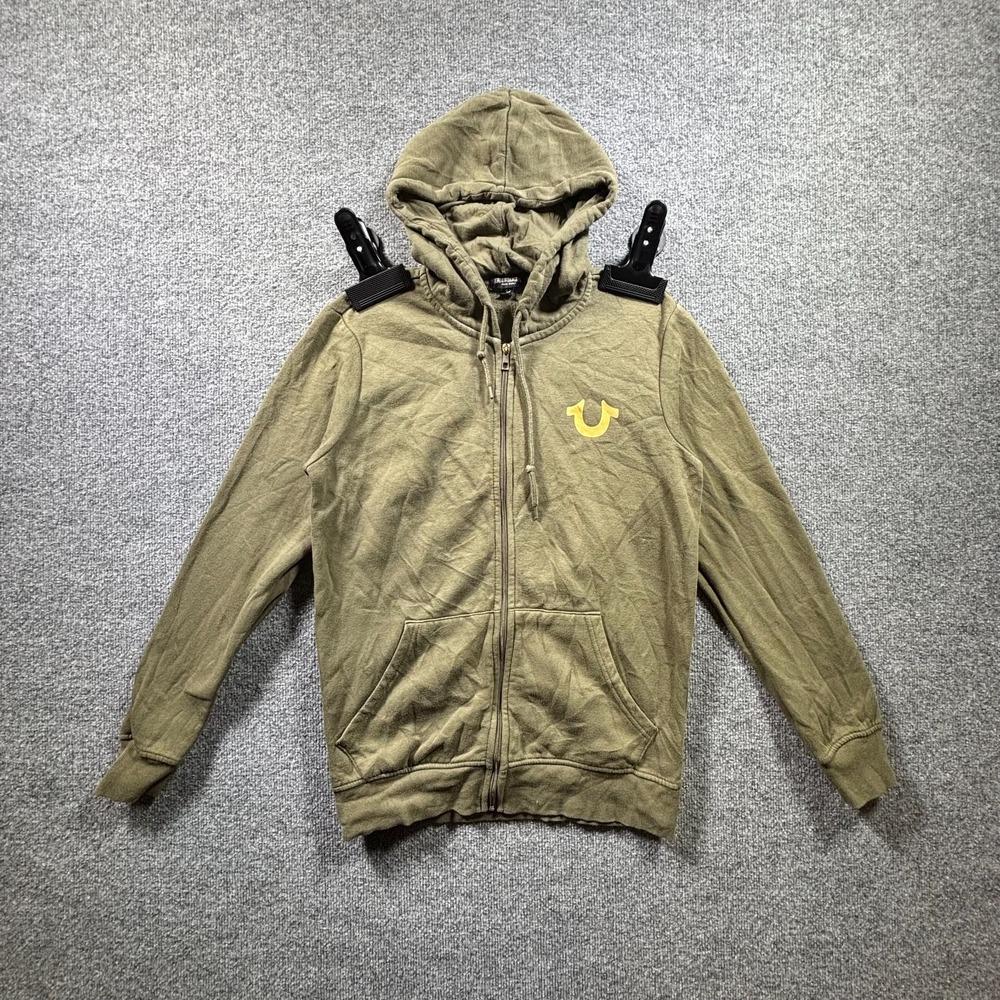 True Religion Hoodie Mens Small Olive Green Full Zip Hooded Buddha Back Patch